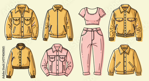 A collection of stylish outerwear featuring various yellow jackets and pink clothing, including a crop top and pants, showcasing modern fashion design.