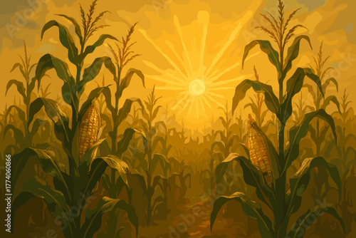 Golden sunrise illuminating a vast cornfield with mature cornstalks and ears of corn, casting long shadows and highlighting the rich greens and yellows of the plants.