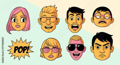 Colorful pop art style illustrations of diverse young faces with various expressions, including happiness, surprise, and anger, alongside stylized pop text.