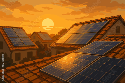 Rooftop solar panels on several houses absorb sunlight during a picturesque sunset, highlighting renewable energy in a suburban setting.