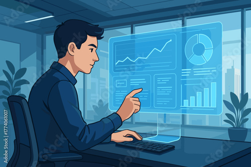 Asian male adult using a futuristic transparent touchscreen interface, analyzing data with charts and graphs in a modern office environment.