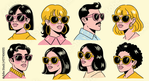 Diverse group of stylish young adults with different hairstyles and sunglasses, showcasing unique fashion trends and personal styles.