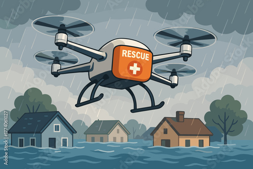 A rescue drone flies over flooded houses during a heavy rainstorm, highlighting its role in delivering aid during natural disasters.