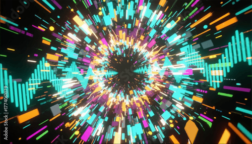 The dynamic bright abstract illustration of explosive pulsating radius musical equalizer waves is great for background design in the music and computer industry. Vector graphics. EPS.