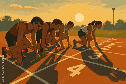 Five athletes, consisting of young males and females, crouch in starting positions on a track field at sunset, conveying focus and competition.