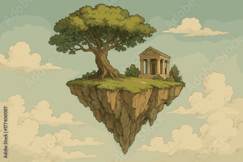A floating island with a lush green tree and an ancient greek-style temple, surrounded by soft clouds in a serene sky.