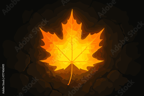 Vibrant orange and yellow maple leaf illuminated against a dark, textured background, capturing the essence of autumn.