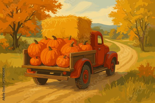 A vintage red truck loaded with bright orange pumpkins and a bale of hay drives along a winding dirt road surrounded by autumn foliage.
