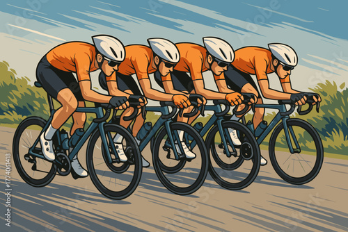Four male cyclists in orange jerseys and white helmets riding closely together, displaying teamwork and coordination during a road race.