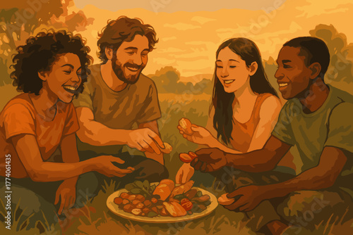 Four young adults of diverse backgrounds enjoying a picnic with fresh fruits and bread outdoors, sharing laughter in a serene setting.