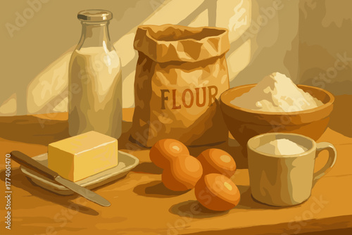 A still life composition featuring a milk bottle, flour bag, butter on a dish with a knife, four brown eggs, flour in a bowl, and a cup on a wooden table.