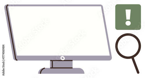 Desktop monitor with a magnifying glass and exclamation mark for focus on detail, problem-solving, or alerts. Ideal for research, caution, analysis, exploration, discovery, troubleshooting