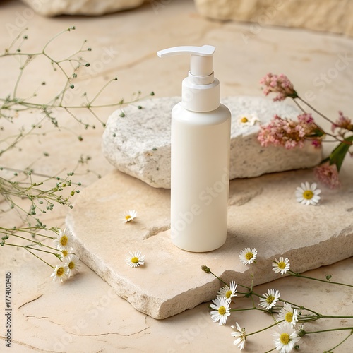 White pump bottle with delicate flowers and natural elements