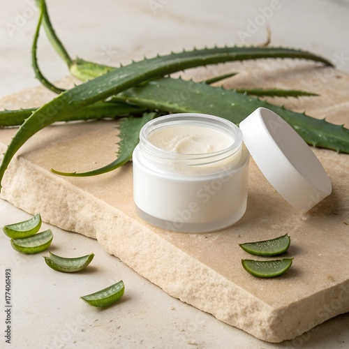 Jar of aloe vera cream with fresh aloe leaves and slices