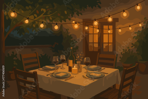 Cozy outdoor dinner setting featuring a table with four place settings, wine glasses, and string lights, creating a warm and inviting atmosphere under a leafy tree.