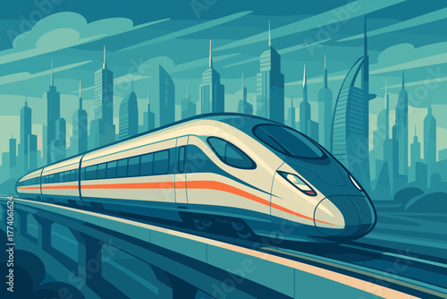 High-speed bullet train travels on an elevated track in a futuristic city with towering skyscrapers under a cloudy sky.