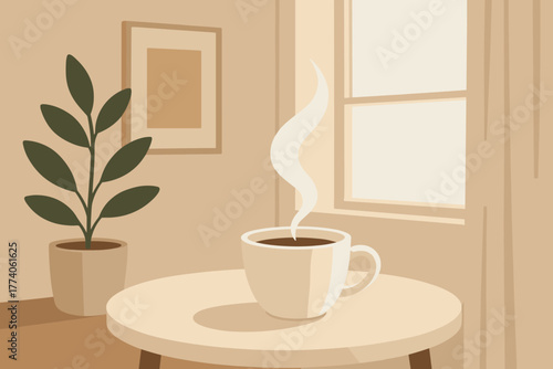 A steaming cup of coffee sits on a round table in a cozy room with warm tones and a potted plant by the window.