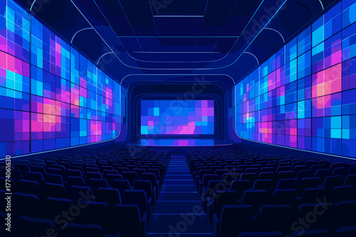 A futuristic, neon-lit theater interior with rows of empty seats facing a large screen displaying colorful pixelated patterns.