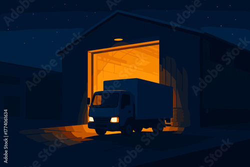 A delivery truck in silhouette exits a brightly lit warehouse at night, casting shadows on the ground.