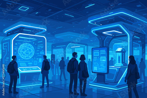 People explore futuristic holographic displays in a dimly lit, blue-toned technology exhibition featuring interactive digital interfaces.