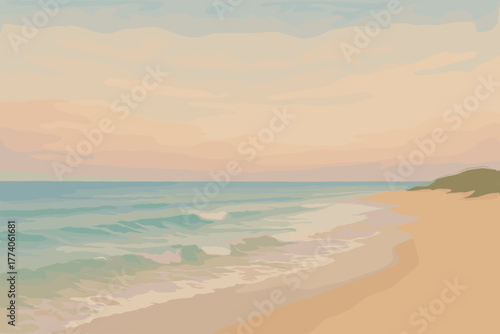 Serene beach scene with gentle waves meeting the sandy shore under a pastel-colored sky during sunset.
