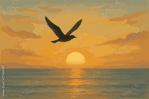 A silhouette of a seagull soaring over the ocean with a vibrant orange sunset and clouds in the background.