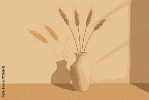 Minimalistic depiction of a ceramic vase with wheat stalks casting a shadow on a plain surface in warm, earthy tones.