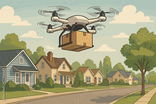 A modern drone carrying a cardboard package flies over a suburban neighborhood street with houses and trees under a clear sky.