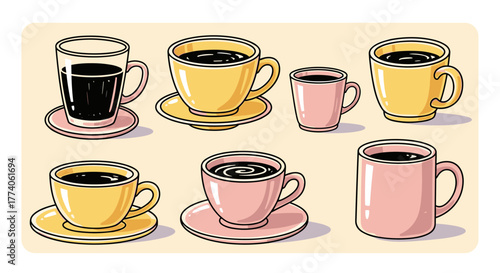 A collection of colorful coffee cups and mugs in various styles, arranged neatly with a soft background, showcasing a creative design in a cartoon style.
