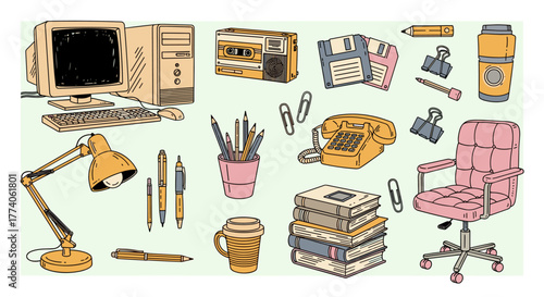 Vintage office supplies and technology including a retro computer, floppy disks, typewriter, pens, and desk chair arranged in a nostalgic layout.