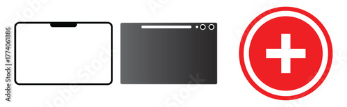 Digital icons: modern device, browser window, and medical cross