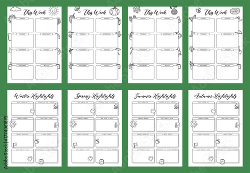 Weekly plan and season highlights 2026 bullet Journal Printable Planner Page Template, Vector Illustration, A4 and A5 Sizes, Hand Drawn Doodle Style. Planner pages bullet journal A5 A4 format