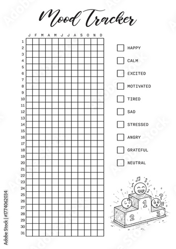 mood tracker Bullet Journal Printable Planner Page Template, Vector Illustration, A4 and A5 Sizes, Hand Drawn Doodle Style. Planner pages bullet journal A5 A4 format.