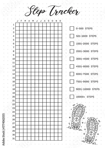 step tracker Bullet Journal Printable Planner Page Template, Vector Illustration, A4 and A5 Sizes, Hand Drawn Doodle Style. Planner pages bullet journal A5 A4 format.