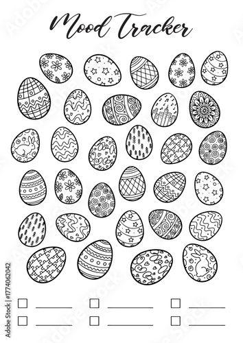 easter egg mood tracker Bullet Journal Printable Planner Page Template, Vector Illustration, A4 and A5 Sizes, Hand Drawn Doodle Style. Planner pages bullet journal A5 A4 format.