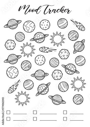 cosmic planet mood tracker Bullet Journal Printable Planner Page Template, Vector Illustration, A4 and A5 Sizes, Hand Drawn Doodle Style. Planner pages bullet journal A5 A4 format.