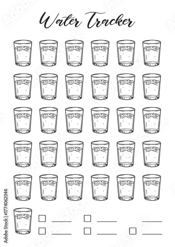 water tracker Bullet Journal Printable Planner Page Template, Vector Illustration, A4 and A5 Sizes, Hand Drawn Doodle Style. Planner pages bullet journal A5 A4 format.