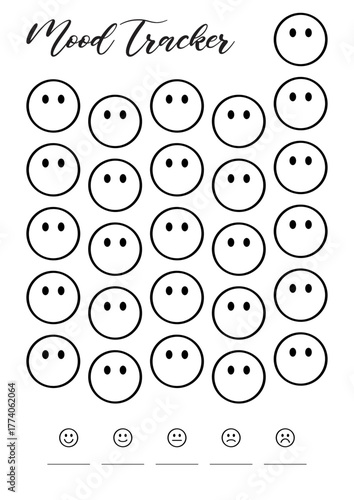 face mood tracker Bullet Journal Printable Planner Page Template, Vector Illustration, A4 and A5 Sizes, Hand Drawn Doodle Style. Planner pages bullet journal A5 A4 format.