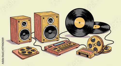 Retro audio equipment featuring wooden speakers, vinyl records, reel-to-reel tape, and a vintage sound mixer on a soft cream background.
