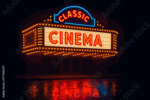 Illuminated vintage cinema marquee with "classic cinema" sign glowing warmly, reflecting on the wet pavement at night.