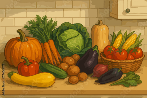 A colorful assortment of fresh vegetables including a pumpkin, carrots, cabbage, squash, tomatoes, corn, potatoes, and eggplants displayed on a kitchen counter.