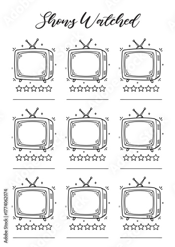 shows watched tracker Bullet Journal Printable Planner Page Template, Vector Illustration, A4 and A5 Sizes, Hand Drawn Doodle Style. Planner pages bullet journal A5 A4 format.