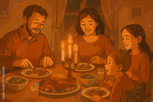 Warm candlelit family dinner scene with two adults and two children enjoying a meal together at a round table in a cozy room.