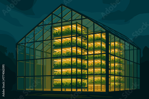 Illuminated greenhouse at night showcasing multi-tiered vertical farming with abundant rows of lush green plants under warm artificial lighting.