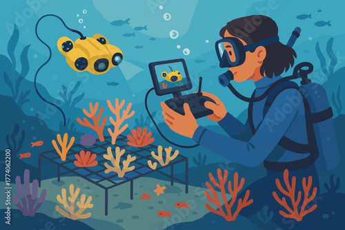Female diver wearing scuba gear operates an underwater drone, observing coral growth on a metal platform in a vibrant ocean environment.