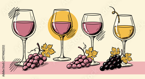 Hand-drawn illustration of three wine glasses filled with red and white wine, accompanied by bunches of grapes and vine leaves, on a stylized background.