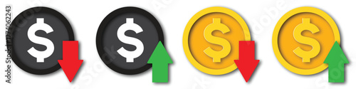 Dollar Coins with Upward and Downward Arrows Representing Financial Growth and Decline in Minimalist Flat Style.