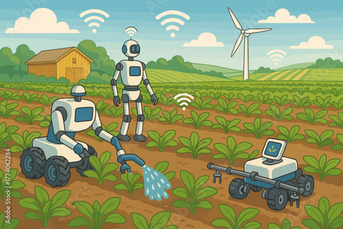 Two humanoid robots in an agricultural field monitor crop growth while an autonomous vehicle waters plants under a clear sky.