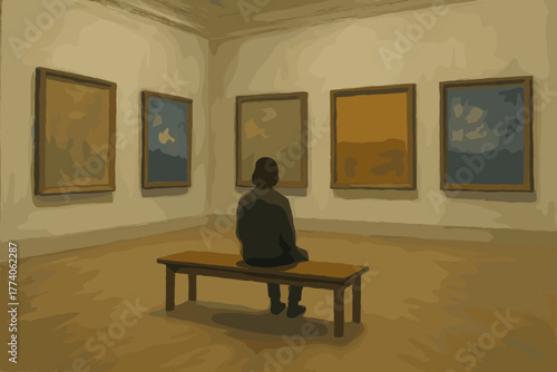 A silhouette of a person sitting on a bench in an art gallery, surrounded by five framed abstract paintings on the walls.