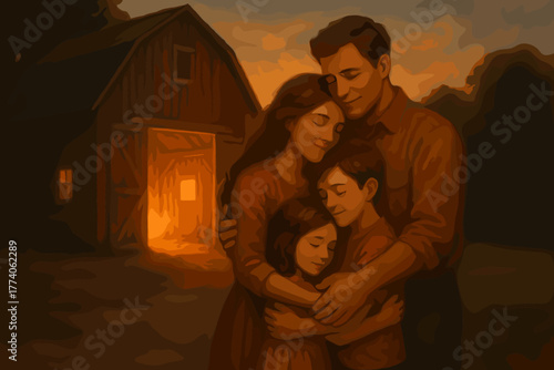 A warm embrace between an adult caucasian male, adult caucasian female, young caucasian male, and young caucasian female outside a lit barn at dusk.